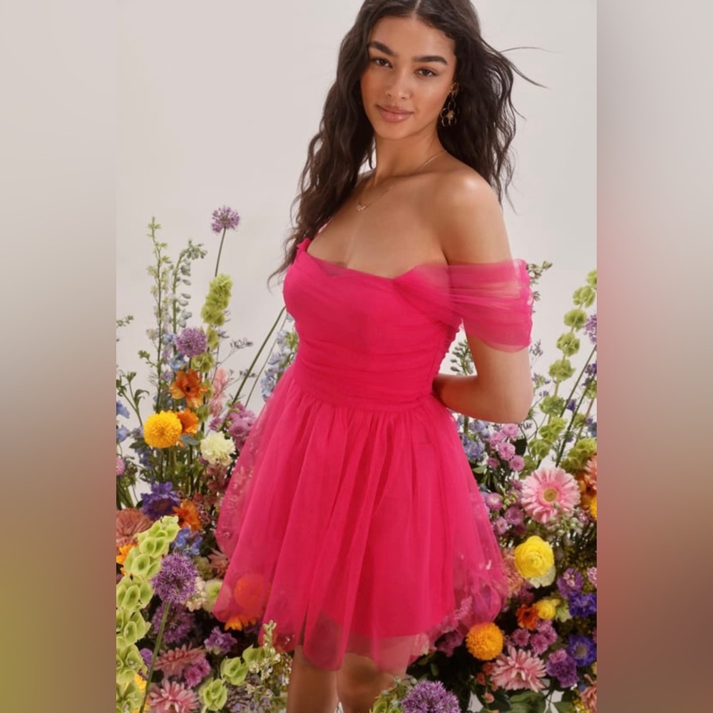 Lulu’s Effortlessly Remarkable Pink Tulle Off-The-Shoulder Mini Dress